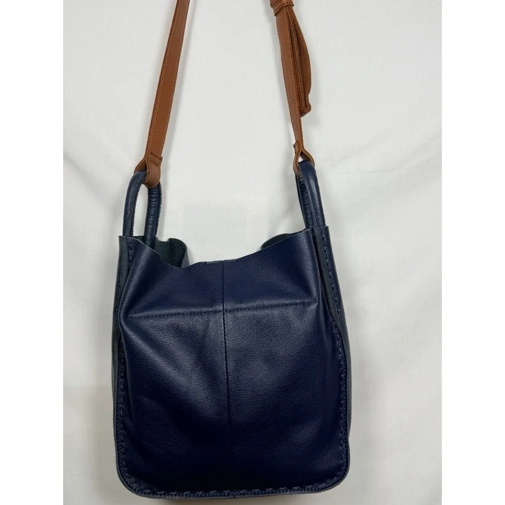 The Sak Los Feliz Leather Bucket Bag Blue Brown Crossbody Shoulder Purse Boho